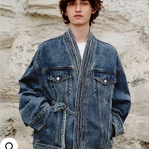 Urban Revivo Kimono Lapel Denim Jacket Wrap Tie Oversized Blue Cotton Size XL